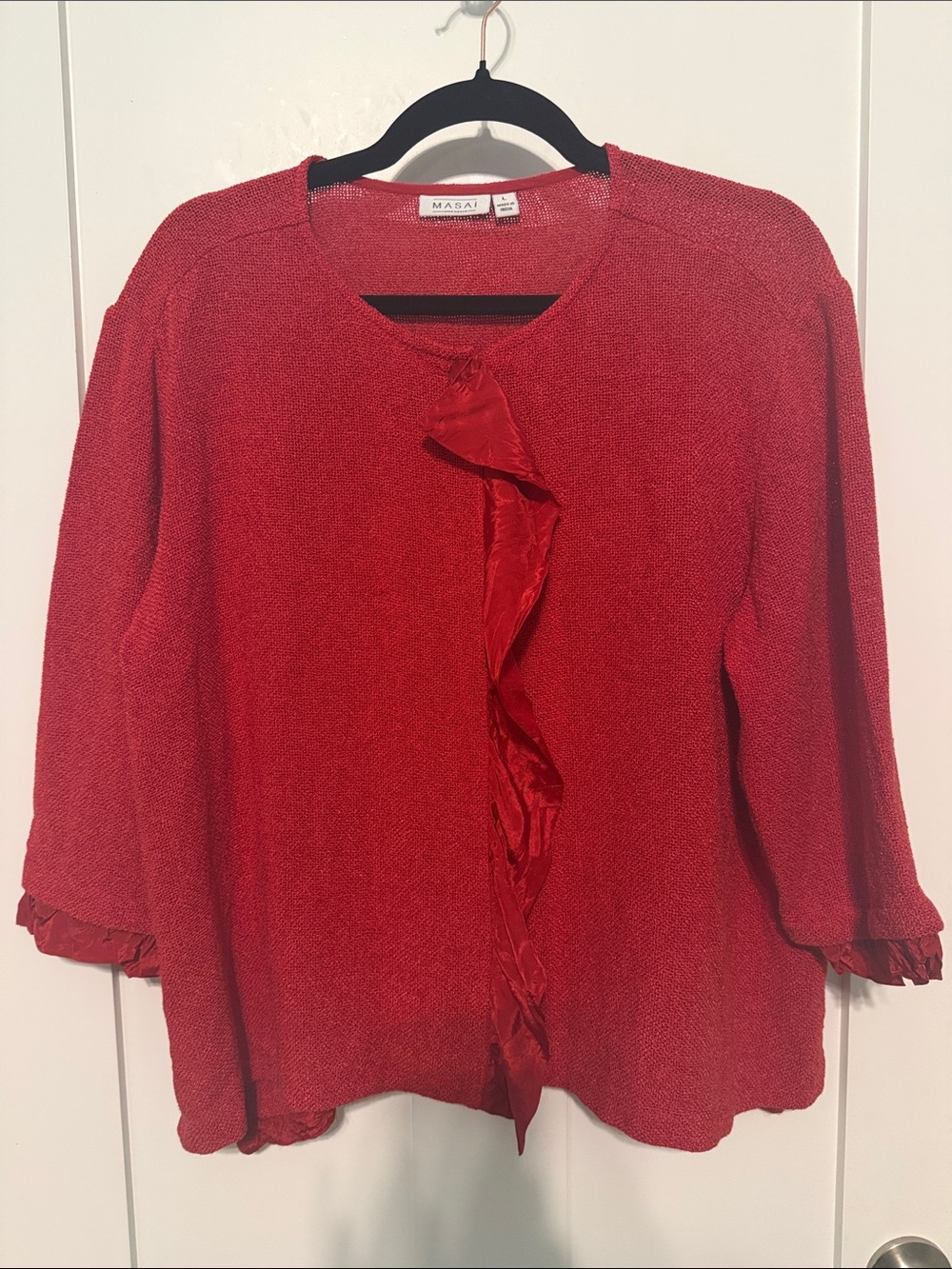 Masai Copenhagen Red Cotton Blend Knit Ruffled-Trim Cardigan size Large